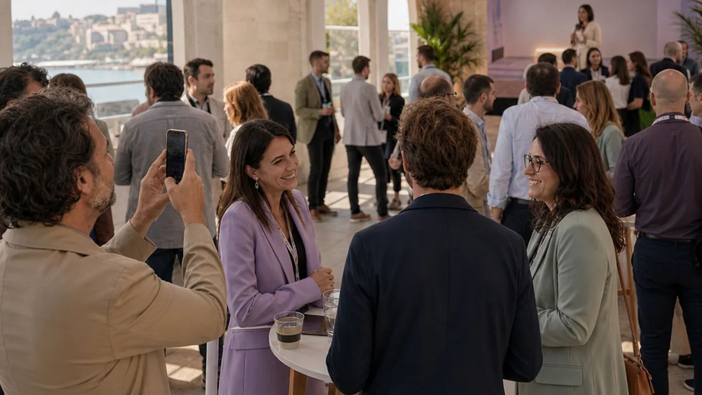 Professionals reconnect after the presentation