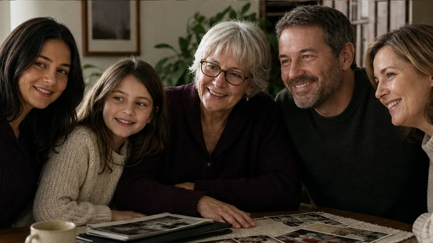 A family gathers around its photographs