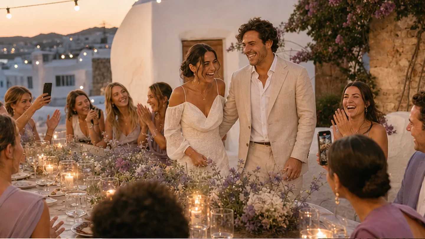 The newly married couple leaves the ceremony surrounded by friends